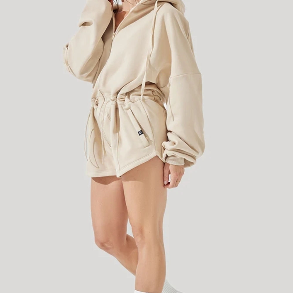 POPFLEX Beige Hooded Romper with Drawstring Waist